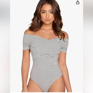 Cross cross off the shoulder black and white striped bodysuit